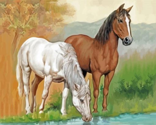 Horses Drinking Water Diamond Paintings