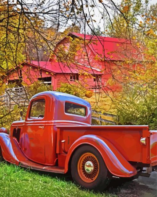 Red Truck And Barn Diamond Paintings