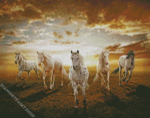 White Five Horses Diamond Paintings