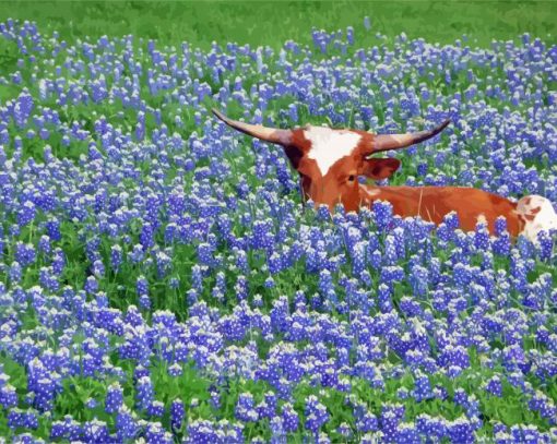 Longhorn In Bluebonnets Field Diamond Paintings