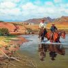 Cowboys And Horses In Water - Diamond Paintings