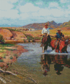 Cowboys And Horses In Water Diamond Paintings