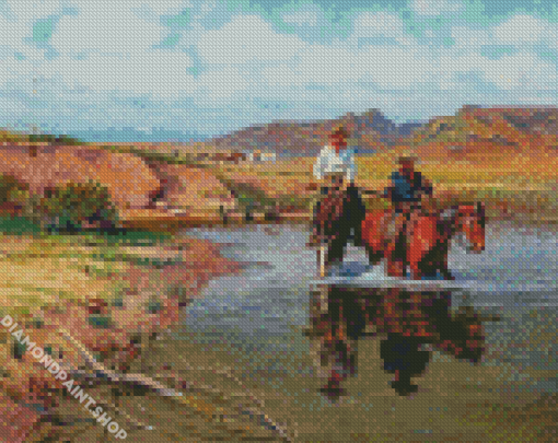 Cowboys And Horses In Water Diamond Paintings