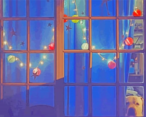 Dog In Christmas Window Diamond Paintings