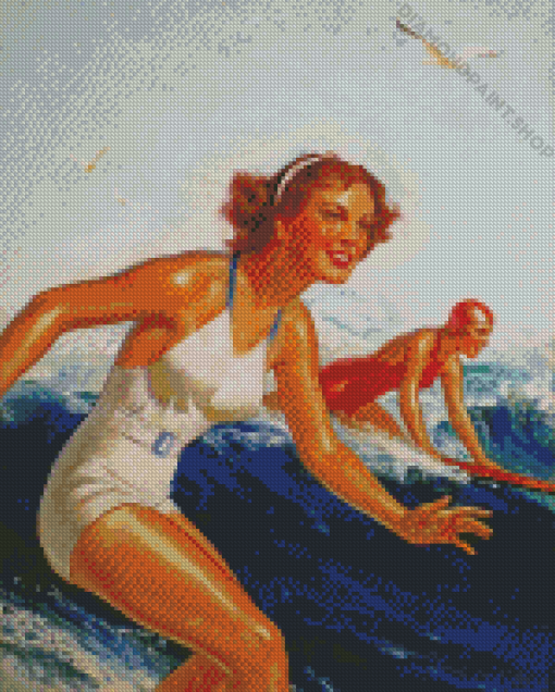 Retro Girls Surfing Diamond Paintings