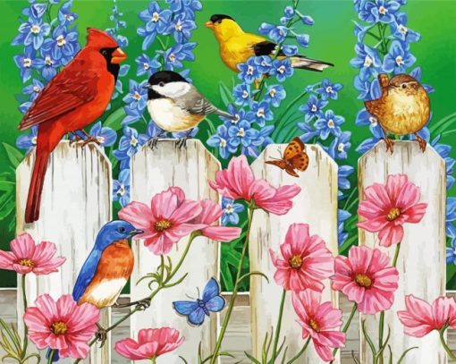 Flowers And Bird On Fence Diamond By Paintings