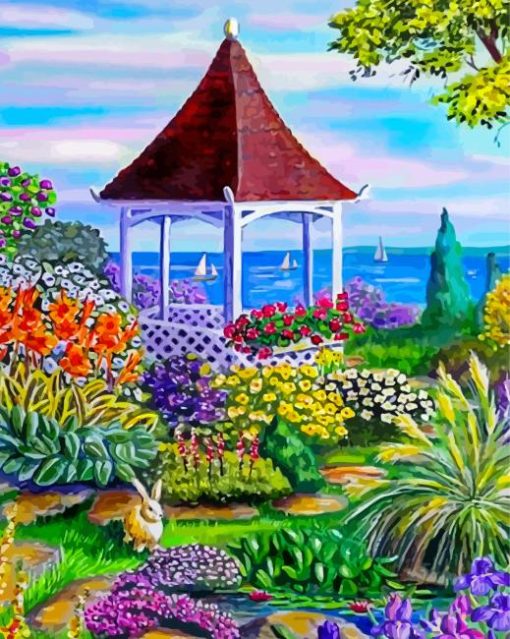 Gazebo By The Sea And Flowers Diamond Paintings