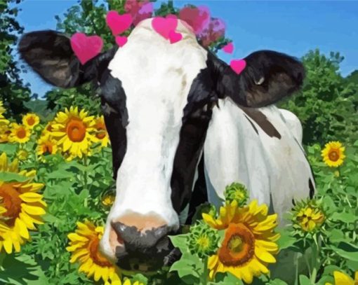 Aesthetic Cow With Sunflowers Art Diamond Paintings