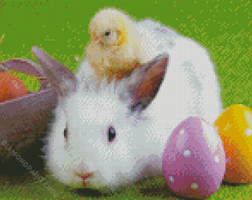 Chick And Bunny With Eggs Diamond Paintings