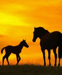 Horse And Foal Sunset Silhouette Diamond Paintings