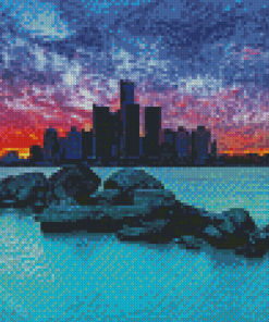 Sunset At Detroit Skyline Diamond Paintings