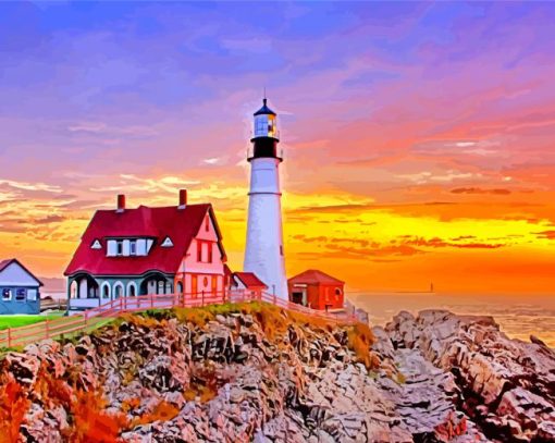 Sunset Portland Lightouse Diamond Paintings