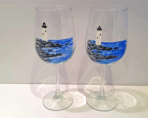 Wine Glasses With Lighthouse Diamond Paintings