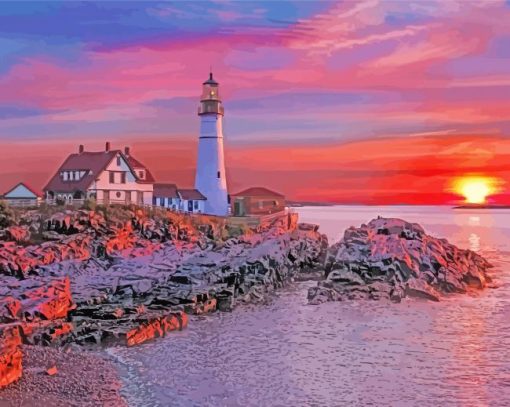 Portland Lighthouse Sunset Diamond Paintings