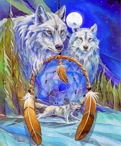 White Wolves In Dream Catcher Diamond Paintings