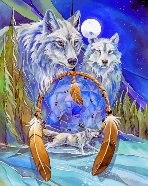 White Wolves In Dream Catcher Diamond Paintings