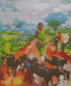 Goat Grazing Lady Indian Landscapes Diamond Paintings