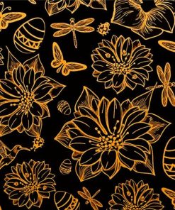 Illustration Black And Gold Flowers Diamond Paintings