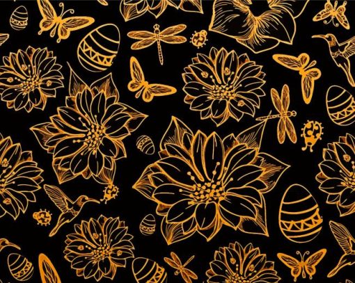 Illustration Black And Gold Flowers Diamond Paintings