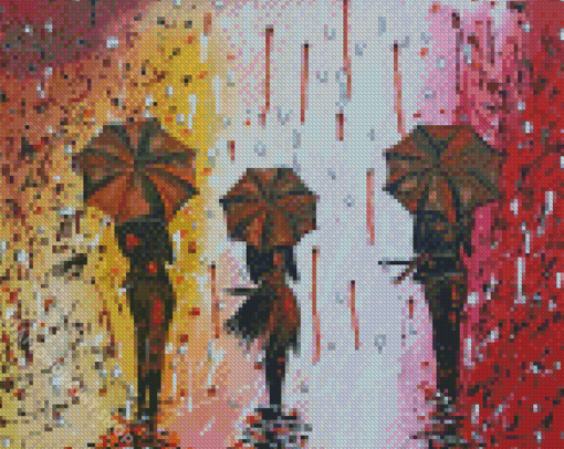 3 Women In Rain With Umbrellas Art Diamond Paintings