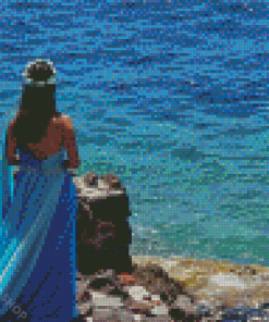 Lady In Blue Dress On Beach Diamond Paintings