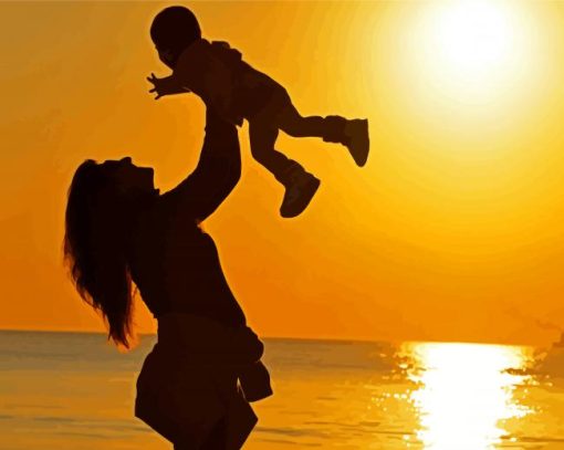 Mother And Son On Beach Silhouette Diamond Paintings