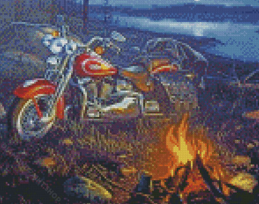 Motorcycle By Lake Diamond Paintings