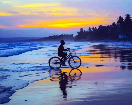 Riding A Bicycle On Beach Diamond Paintings