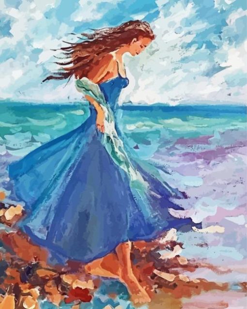 Seaside Blue Dress Woman Art Diamond Paintings