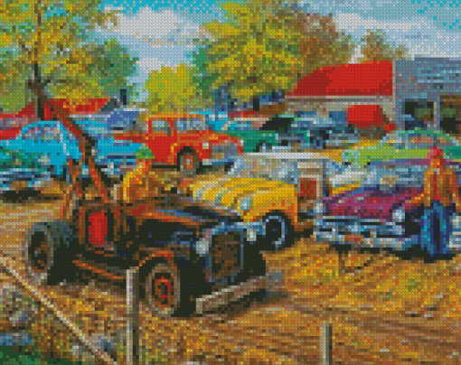 Vintage Old Cars In Yard Diamond Paintings