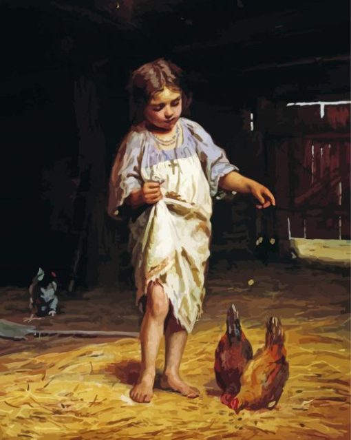 Girl With Chicken In The Barn Diamond Paintings