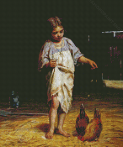 Girl With Chicken In The Barn Diamond Paintings