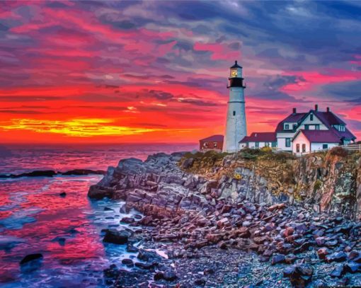 Aesthetic Sunset Portland Head Light Diamond Paintings