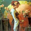 Woman Arranging Roses In Vase Diamond Paintings