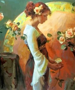 Woman Arranging Roses In Vase Diamond Paintings