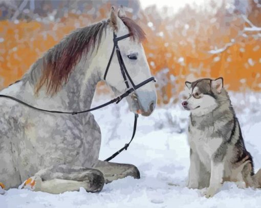 Husky And Dapple Horse Diamond Paintings