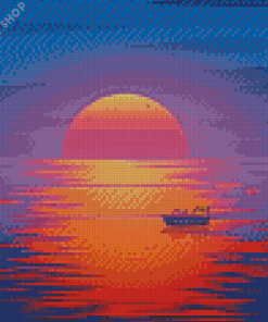 Sunset With Boat Illustration Diamond Paintings