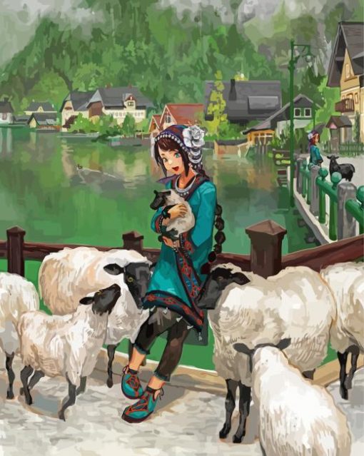 Aesthetic Girl With Sheep Diamond Paintings