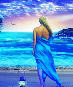 Blonde Girl On Beach In Blue Dress Diamond Painting