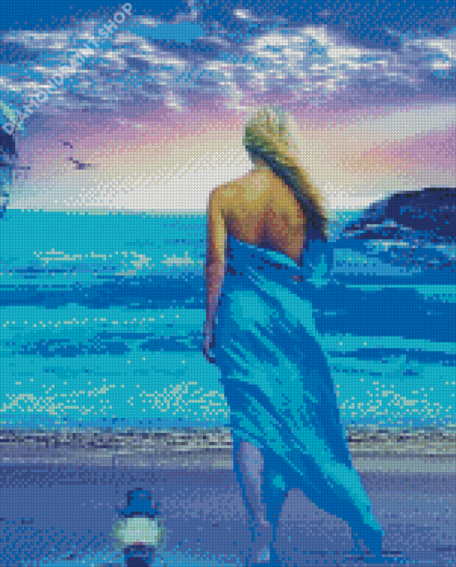 Blonde Girl On Beach In Blue Dress Diamond Painting