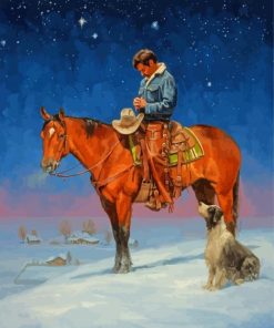 Cowboy And Dog In Snow Diamond Paintings