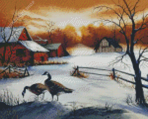 Geese In The Garden In Winter Diamond Painting