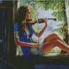 Girl Playing Violin On Window Diamond Paintings