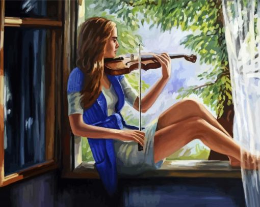 Girl Playing Violin On Window Diamond Paintings