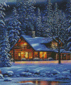 House In Frozen Forest At Night Diamond Painting