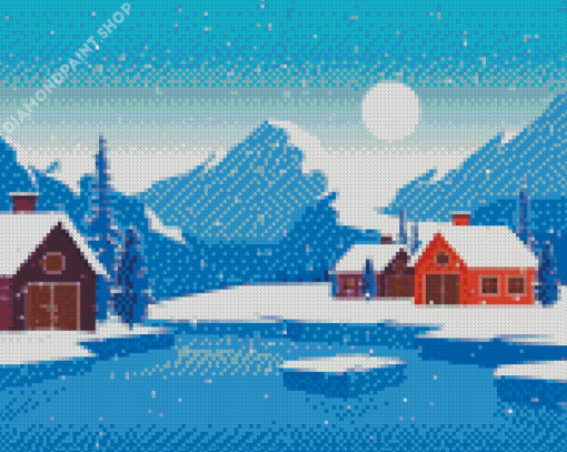 Houses In Frozen Forest Illustration Diamond Painting