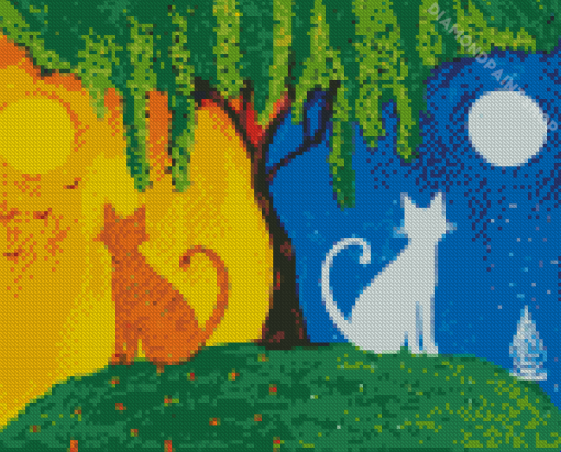 Tree Night And Day Cats Art Diamond Painting