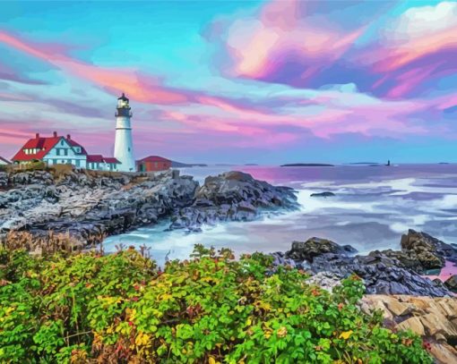 Aesthetic Portland Lighthouse Sunset Diamond Painting