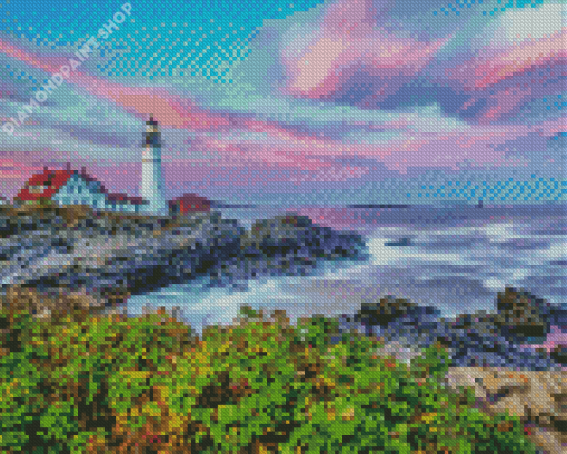 Aesthetic Portland Lighthouse Sunset Diamond Painting