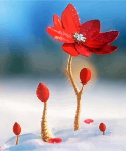 Beautiful Red Spring Flower In Snow Diamond Painting